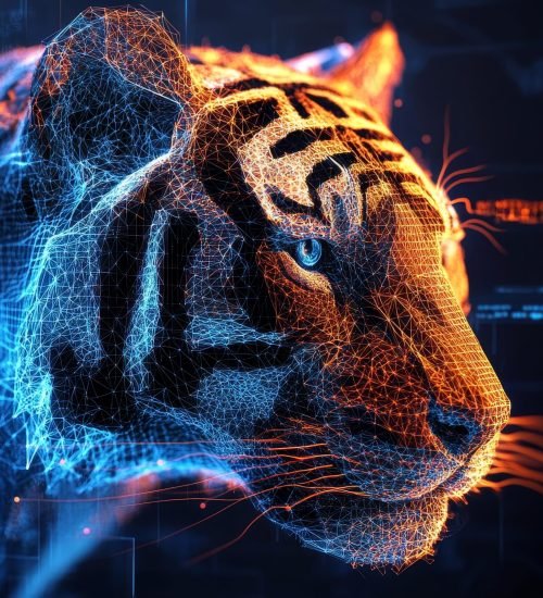 A 3D polygon holographic tiger head model is displayed, featuring sharp, angular shapes with vibrant, glowing edges. The digital diagram in the background adds depth, showcasing intricate patterns and grids that enhance the futuristic, tech-inspired aesthetic.